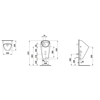 Pisuārs Laufen Caprino, Rimless, ar iekšējo ūdens ieplūdi, ar elektronisku vadības sistēmu, tīkla barošana (230V), ar integrētu Bluetooth, H8410657574011 Balts