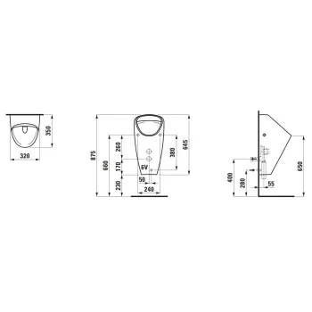 Pisuārs Laufen Caprino, Rimless, ar iekšējo ūdens ieplūdi, ar elektronisko vadību, ar bateriju (9V), ar integrētu Bluetooth, H8410664004011 Balts