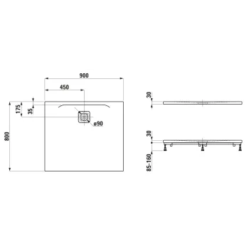 Dušas paliktnis Laufen Pro, 90x80cm no Marbond kompozītmateriāla, super plāns, taisnstūrveida, H2149500000001 balts