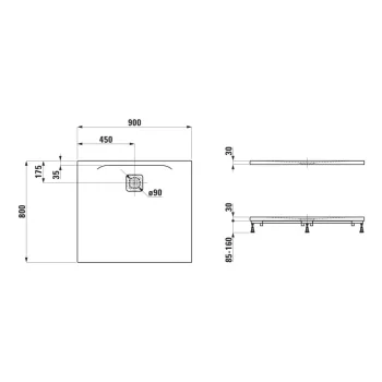 Dušas paliktnis Laufen Pro, 90x80cm Marbond kompozītmateriāls, super plāns, taisnstūrveida, H2149500800001 matēti melns