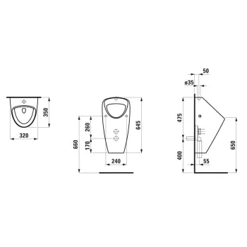 Pisuārs Laufen Caprino, sifoniskais, ar ārēju vertikālu ūdens ieplūdi, H8420620004001 Balts
