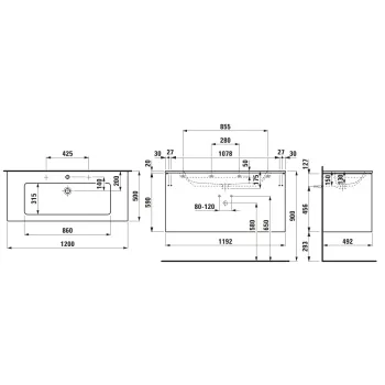 Vannas istabas skapītis Laufen PRO S, ar izlietni un atvilktņu organizatoru, 120x50x61cm H8649632621041, gaiša goba