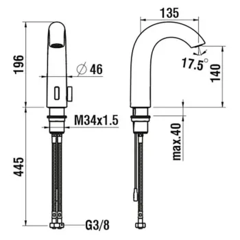 Vannas istabas izlietnes maisītājs Laufen CURVETRONIC, ar IR sensoriem, ar tīkla adapteri 100-240V, ar Bluetooth adapteri, PVD inox look, HF707153423000 birstēts tērauds