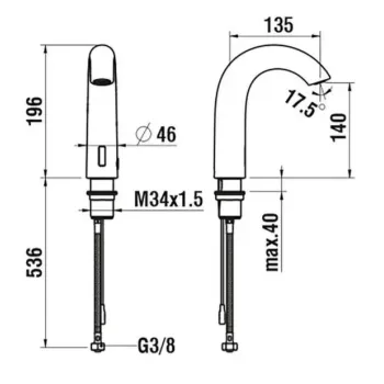 Vannas istabas izlietnes maisītājs Laufen CURVETRONIC, paaugstināts, aukstam vai jauktam ūdenim, ar IR sensoriem, ar tīkla adapteri 100-240V, ar Bluetooth adapteri, PVD inox HF707154423000 birstēts tērauds