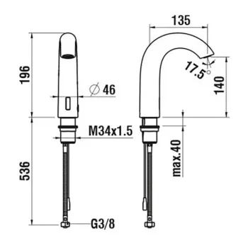 Vannas istabas izlietnes maisītājs Laufen CURVETRONIC,  paaugstināts, aukstam vai jauktam ūdenim, ar IR sensoriem, ar bateriju 6V, PVD inox, HF707154423060 birstēts tērauds