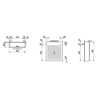 Spoguļskapītis Laufen Base,  ar LED gaismu, 2 stikla plaukti, 1 kontaktligzda, 600 mm, H4027511102601 balta Matēta