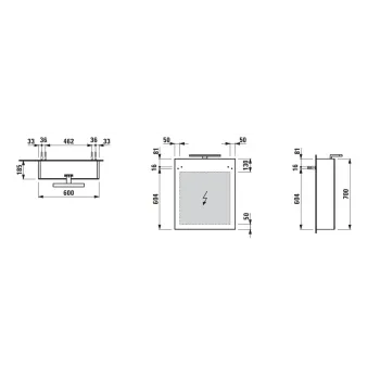 Spoguļskapītis Laufen BASE, ar LED apgaismojumu, 2 stikla plaukti, 1 kontaktligzda, 600 mm, H4027511102661 pelēks