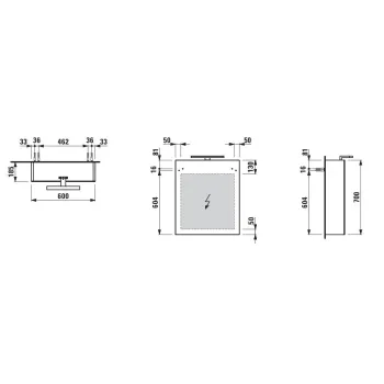 Spoguļskapītis Laufen Base, ar horizontālu LED gaismas elementu, 2 stikla plaukti, 1 kontaktligzda, 600 mm, H4027521102661 pelēks