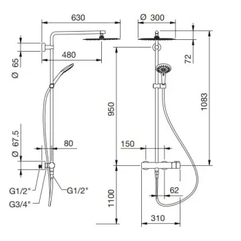 Dušas sistēma Laufen Twinplus, ar elastīgo šļūteni 1500 mm, ar dušas galvu Ø 300 mm, ar roku dušu MyTwin120, HF905457100600 Hromēts