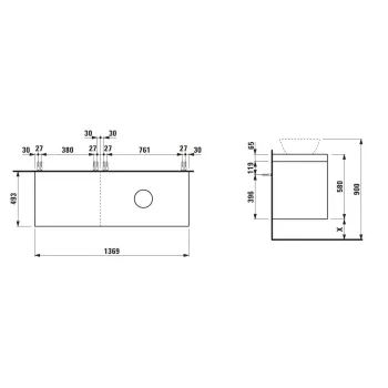 Vannas istabas skapītis Laufen Lani, 137x49cm virsma 65 mm, ar izgriezumu labajā pusē, balta matēta, H4045831122601