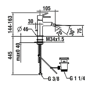Bidē maisītājs Laufen Twinplus Slim, ar fiksētu izteku, bez PopUp vārsta, PVD titanium Melns Matēts, HF505410428010
