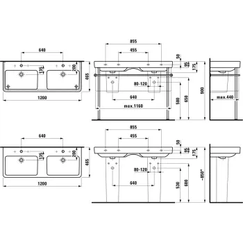 Vannas istabas izlietne Laufen Pro S, Dubultā 1200 x 465 x 95 mm, ar 2 maisītāja atverēm, balta, H8149660001041