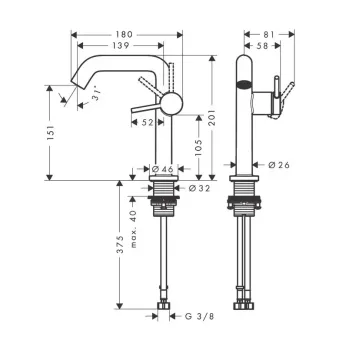 Vannas istabas izlietnes maisītājs Hansgrohe Tecturis S, Paaugstināts ar Push-Open izplūdi, CoolStart, EcoSmart, matēta bronza, 73342140 NEW