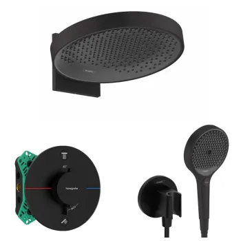 Dušas Sistēma Hansgrohe, ar termostatu, iebūvējams, diametrs 36 cm, 3 režīmi, matēta melna, SANI21HHH410 NEW