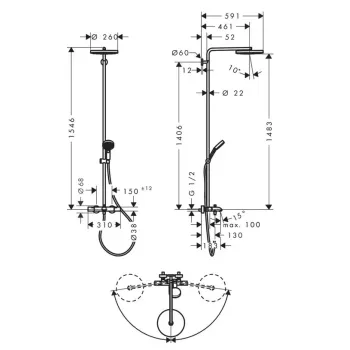 Dušas sistēma Hansgrohe Pulsify S Puro, ar termostatu, diametrs 26 cm, 3 režīmi, EcoSmart, hroms, 24232000 NEW