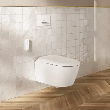 Piekaramais Tualetes pods ar bide  Villeroy & Boch ViClean, elektroniskais, DirectFlush, CeramicPlus, SoftClose regulējama ūdens temperatūra un spiediens, automātiska sprauslu tīrīšana, tālvadība, duroplasta sēdeklis, Quaryl vāciņš, 423x384x612 mm, Ba