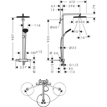 Dušas Sistēma Hansgrohe Raindance Alive S Puro, ar termostatu, 21x34 cm, 3 režīmi, pulēts zelts, 24592990 NEW