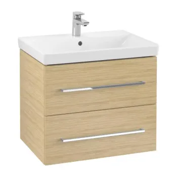 Vannas istabas skapītis Villeroy & Boch Avento, (bez izlietnes), MDF ar akrila virsmu, 63x51x45 cm, 2 atvilktnes ar SoftClose Nordic Oak, hroms, A89000VJ