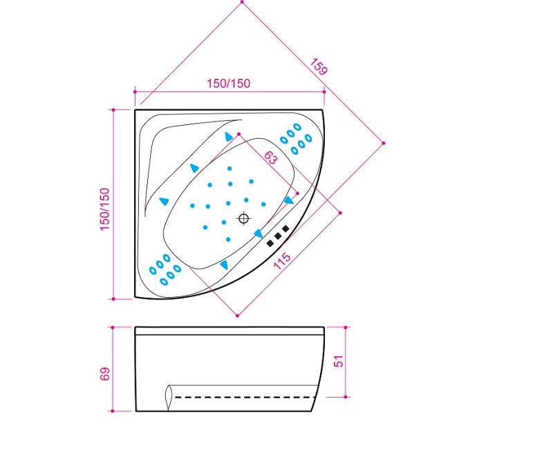 Balteco Stūra vanna Linea, 150x150cm