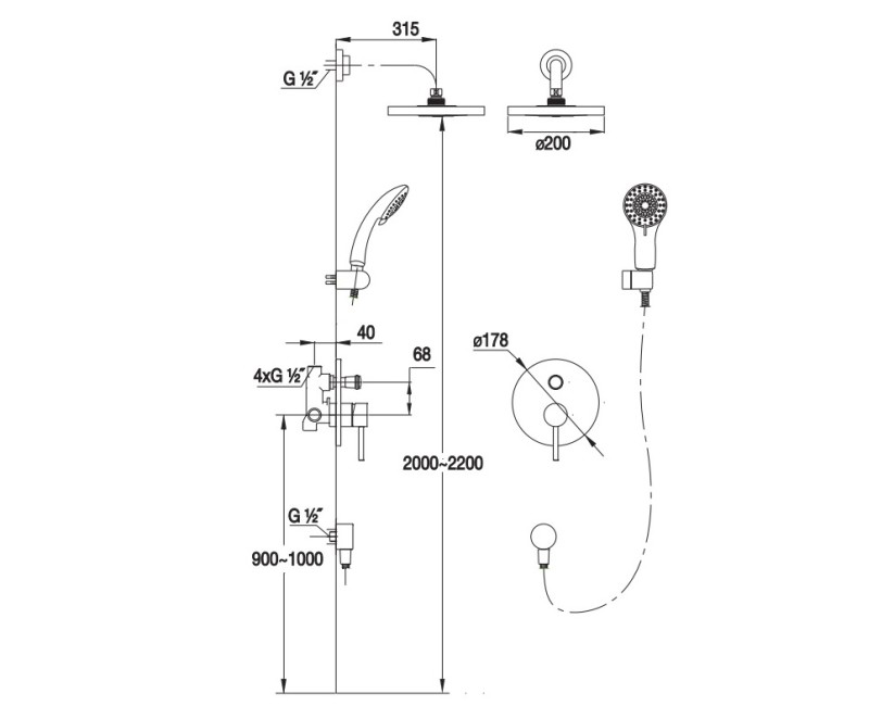 Blue Water Denver Iebūvējamā dušas sistēma, DEN-ZKP.150C