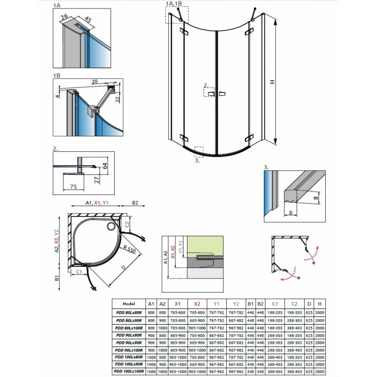 Radaway Pusapaļa dušas kabīne Fuenta New PDD 90x90 cm