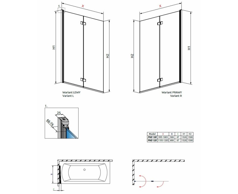 Radaway vannas sieniņa Funta New PND 100 cm
