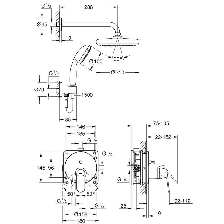 GROHE Eurosmart Cosmo Iebūvējamā dušas sistēma, 25219001 GROHE Eurosmart Cosmo Iebūvējamā dušas sistēma, 25219001