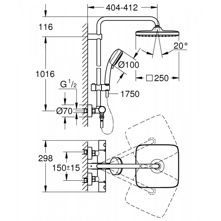 Grohe Termostata dušas sistēma Tempesta Cosmo Cube 250, 26689000 Grohe Termostata dušas sistēma Tempesta Cosmo Cube 250, 26689000