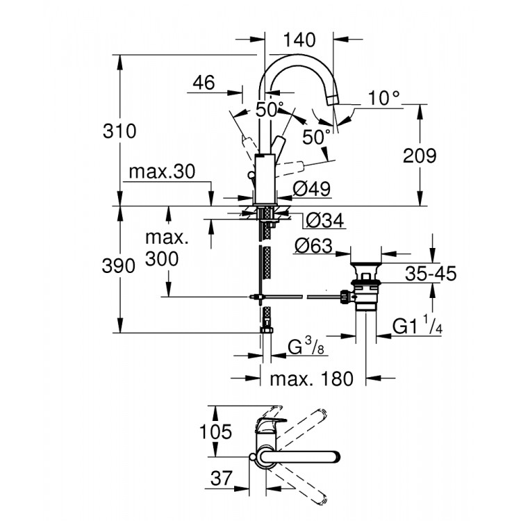 Grohe BauFlow Paaugstināts izlietnes jaucējkrāns, 23753000 Grohe BauFlow Paaugstināts izlietnes jaucējkrāns, 23753000
