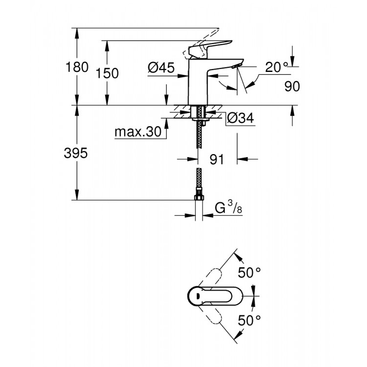 Grohe Bauedge Izlietnes jaucējkrāns, 23330000 Grohe Bauedge Izlietnes jaucējkrāns, 23330000