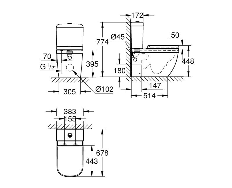 Grohe Euro Ceramic Rimless Наполный унитаз с крышкой, 39462000