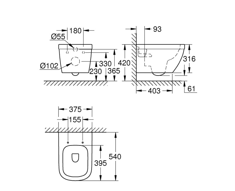 Grohe Euro Ceramic Rimless Унитаз подвесной без крышки, 39538000