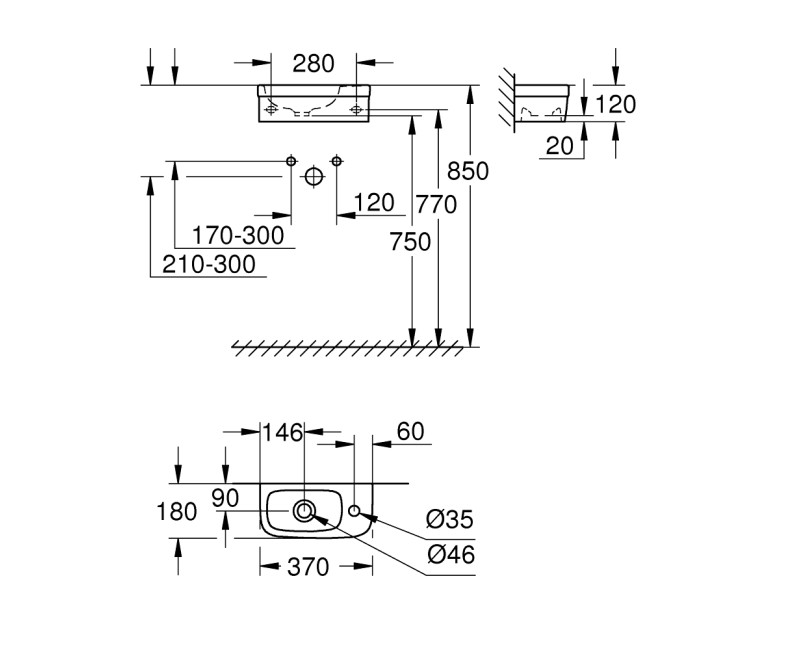 Grohe Euro Ceramic Умывальник 37x180см, 39327000