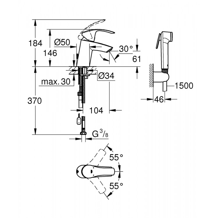Grohe Eurosmart Izlietnes jaucējkrāns ar bidettu, 23124 002 Grohe Eurosmart Izlietnes jaucējkrāns ar bidettu, 23124 002