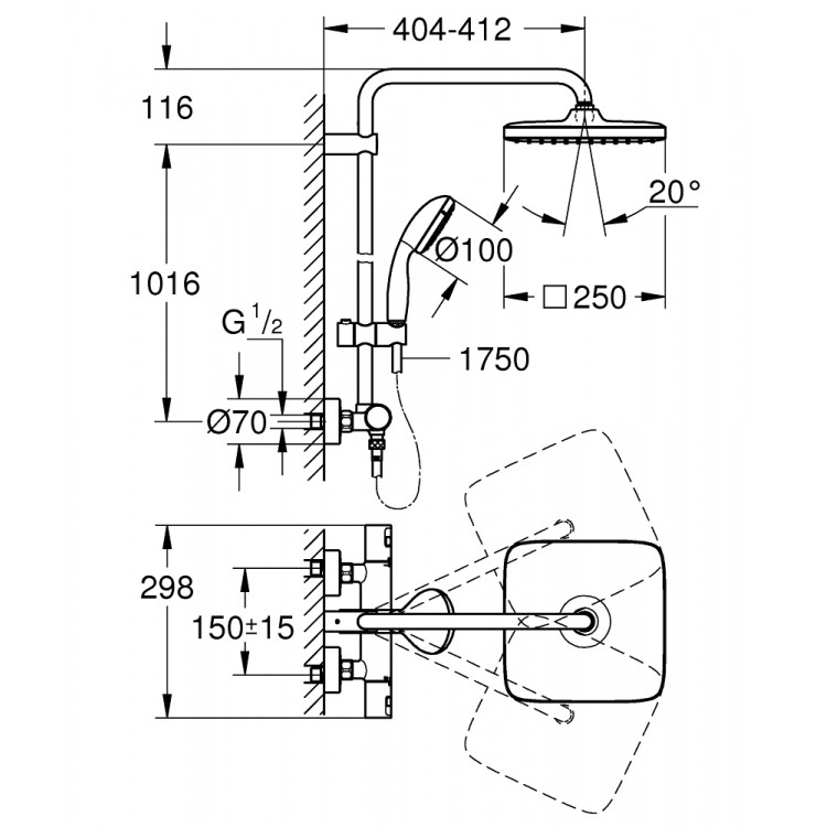GROHE VITALIO START Dušas sistēma 250 Cube, 26696000 GROHE VITALIO START Dušas sistēma 250 Cube, 26696000