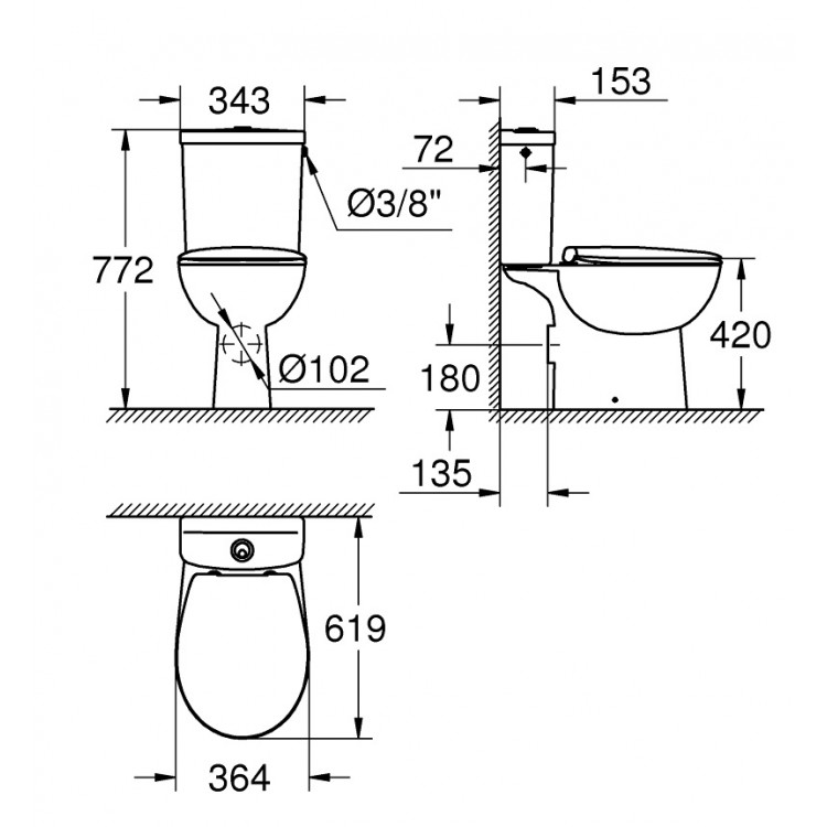 Grohe BauCeramic Rimless WC pods ar Soft Close vāku, 39496000 Grohe BauCeramic Rimless WC pods ar Soft Close vāku, 39496000