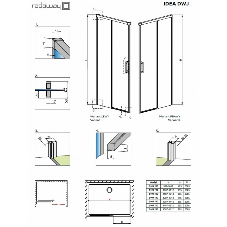 Radaway Dušas durvis Idea DWJ 120 L/R