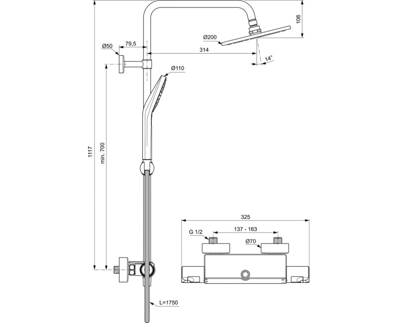 Ideal Standard Ceratherm T50 dušas sistēma, A7230AA