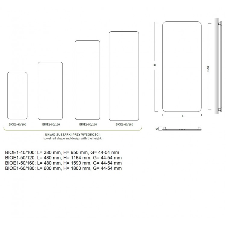 BIONIC 2 Elektriskais dvieļu žāvētājs 480x1590mm 700W, pelēks