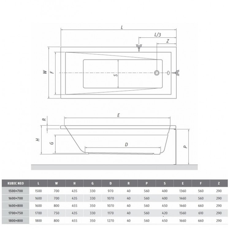 Roth Vanna KUBIC NEO 150x70 cm Roth Vanna KUBIC NEO 150x70 cm