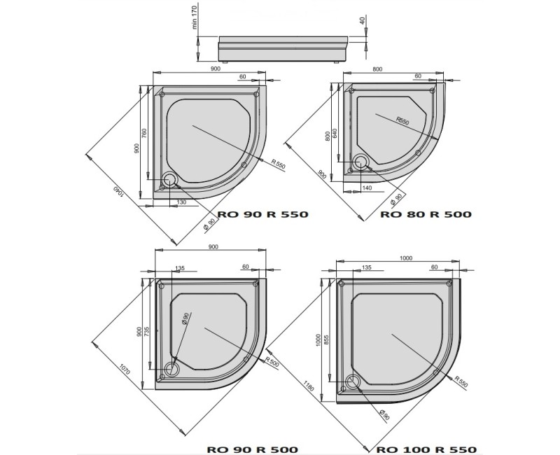PAA Dušas paliktnis pusapaļš Classic RO 90 R-500, 900x900