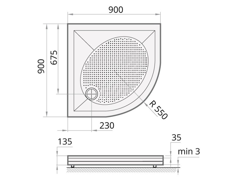 PAA Dušas paliktnis pusapaļš ART RO 90 R-550, 900x900