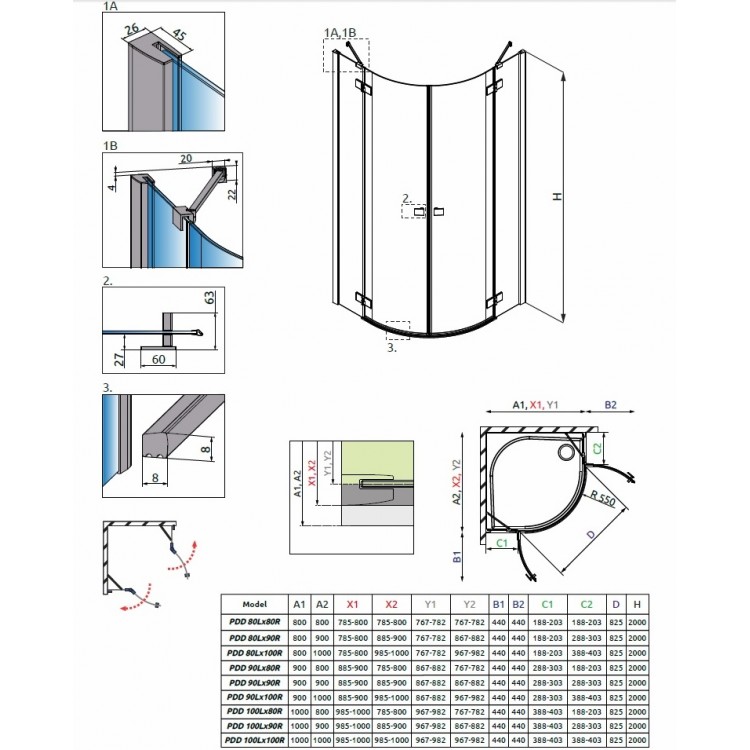 Radaway Pusapaļa dušas kabīne Essenza New PDD 90x90 cm