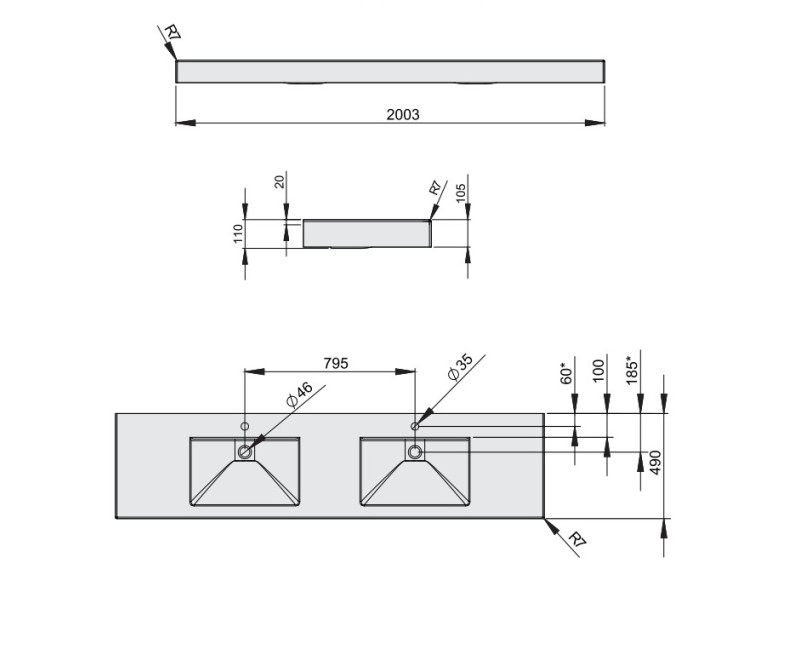 PAA LONG STEP DUO Раковина двойная 200x49cm