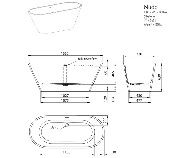 PAA Свободно стоящая ванна DECO NUDO 1660x725, silkstone, matte caffelatte