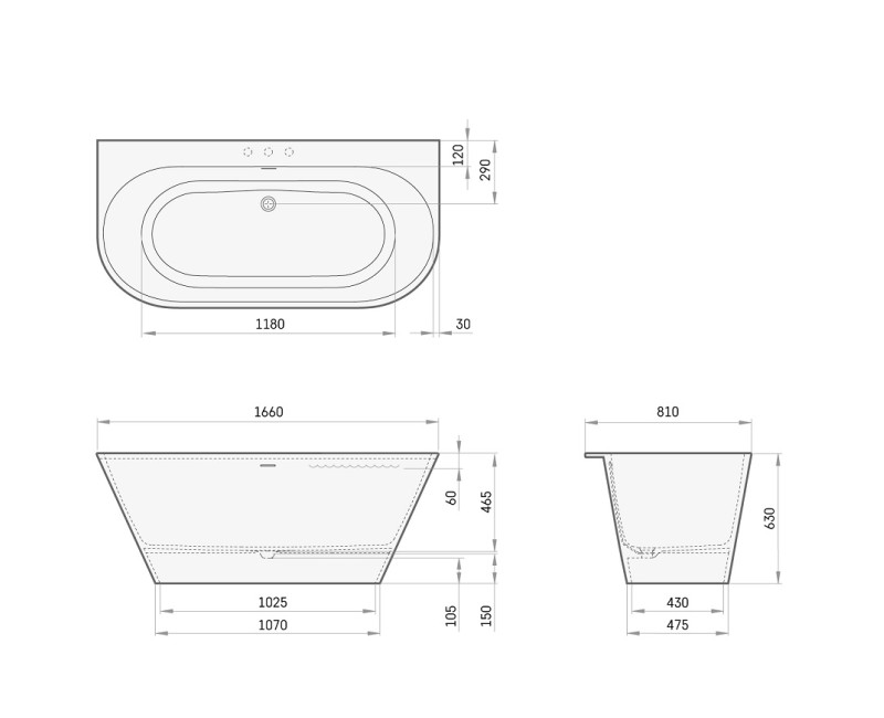 PAA Свободно стоящая ванна DECO WALL 1660x810, silkstone