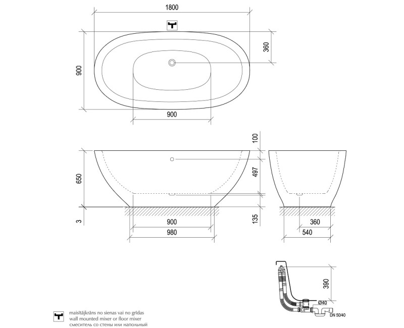 PAA Свободно стоящая ванна FELICE 1800x900, silkstone, graphite