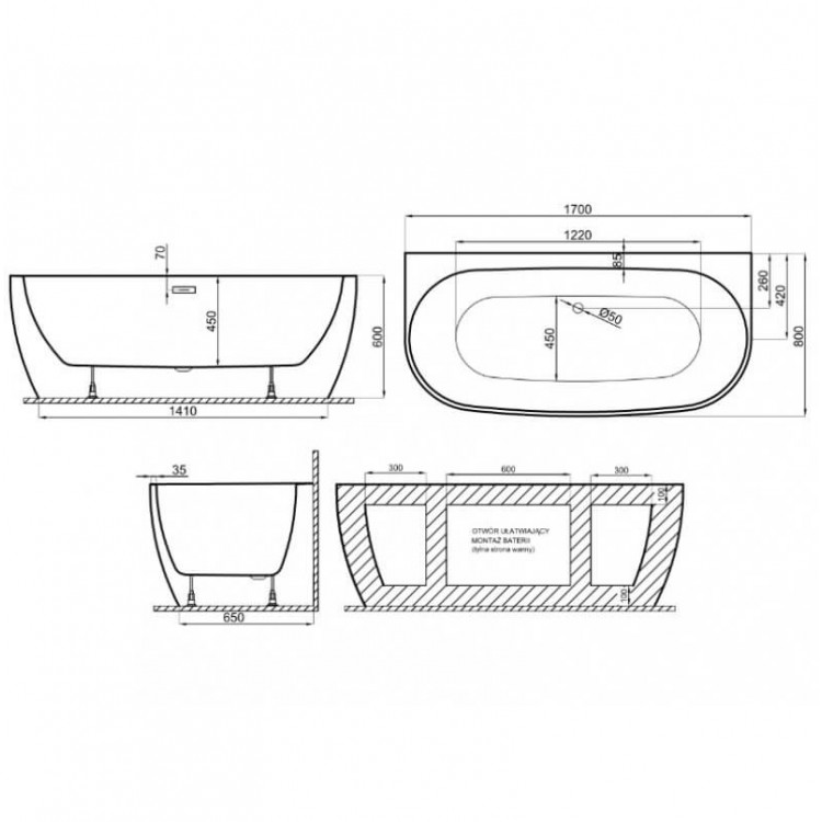 Polimat Brīvi stāvoša vanna RISA 170x80 cm, 00442