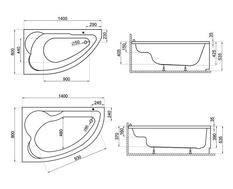 Polimat Угловая ванна NOEL 140x80 cm, 00852/853