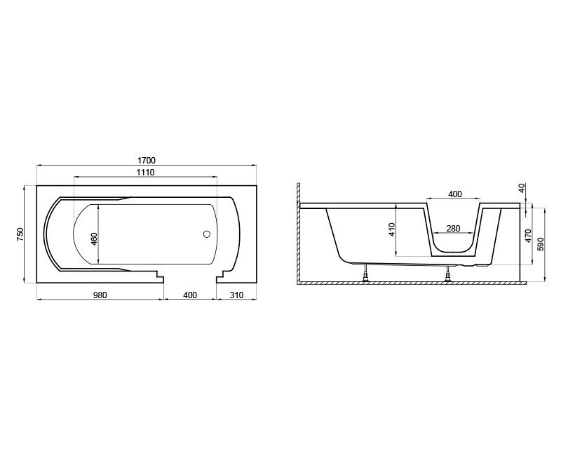 Polimat Ванна с дверью AVO 170x75 cm, 00877